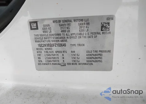 2015 Chevrolet Silverado 2500Hd Lt из США, поврежденный, VIN 1GC2KVEG5FZ103649